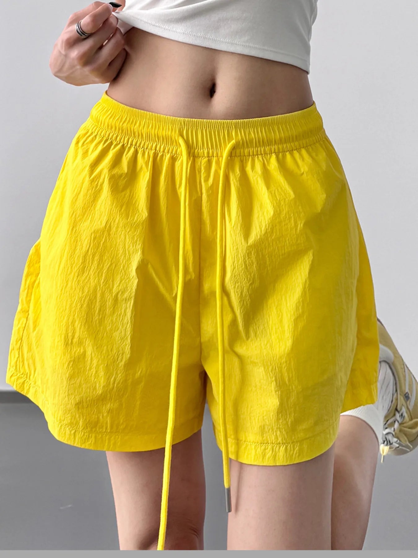 High Waisted Drawstring Shorts Yellow OutfitFlow