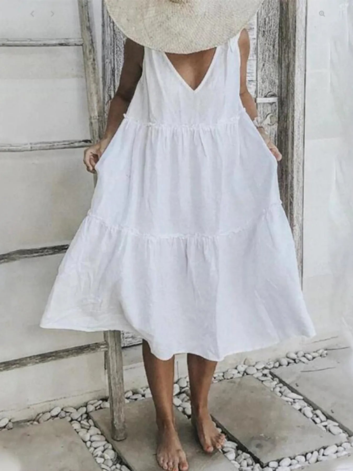 Colorblock Tiered Midi Tank Dress White OutfitFlow