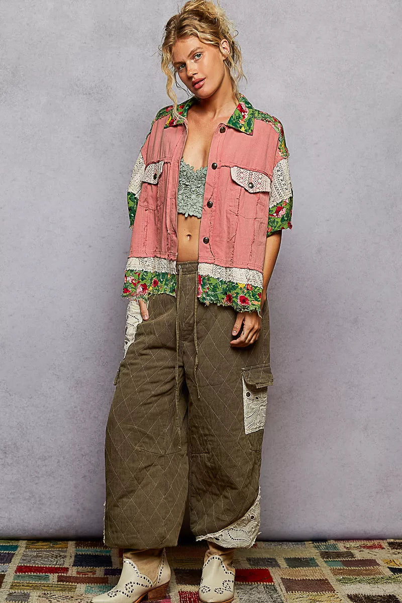 POL Lace Patch Floral Half Sleeve Shacket Trendsi