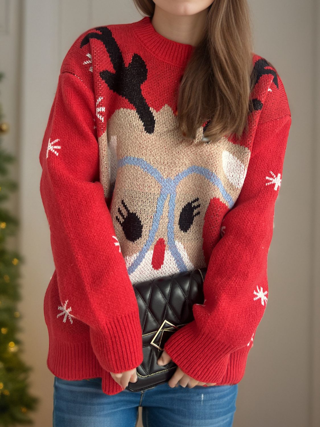 Outfit Flow - Reindeer Round Neck Dropped Shoulder Sweater