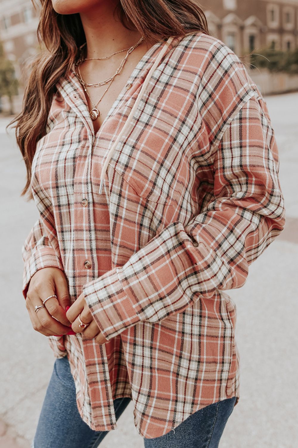 Outfit Flow - Drawstring Plaid Hooded Long Sleeve Shirt