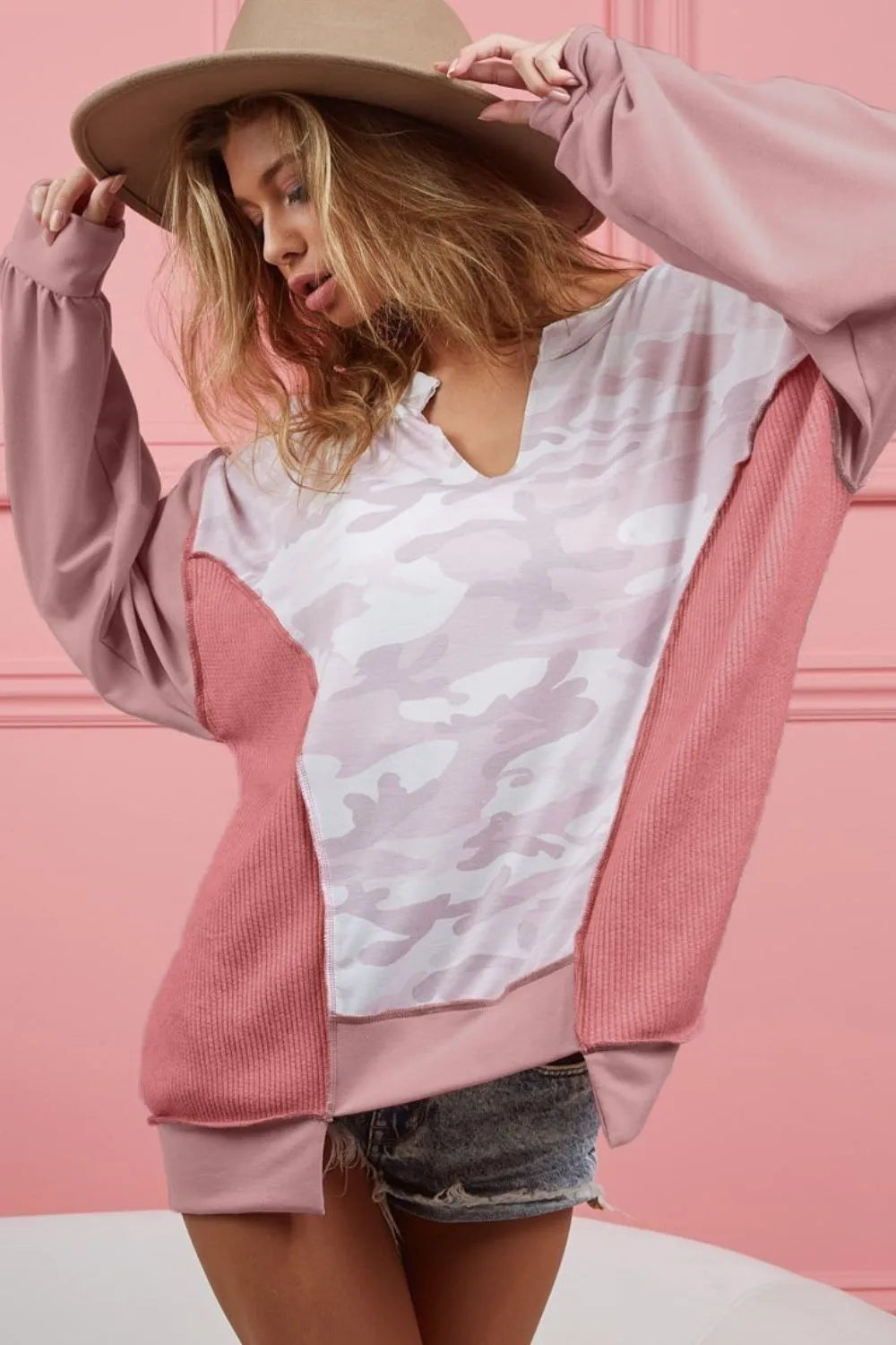 BiBi Camo Printed French Terry Knit Color Block Top MAUVE OutfitFlow