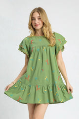 Umgee Floral Embroidered Short Sleeve Mini Dress Matcha Green OutfitFlow