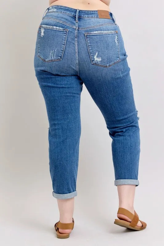 Judy Blue Full Size Mr Vintage Wash Boyfriend Fit W/ Destroy Jeans Plue Size OutfitFlow