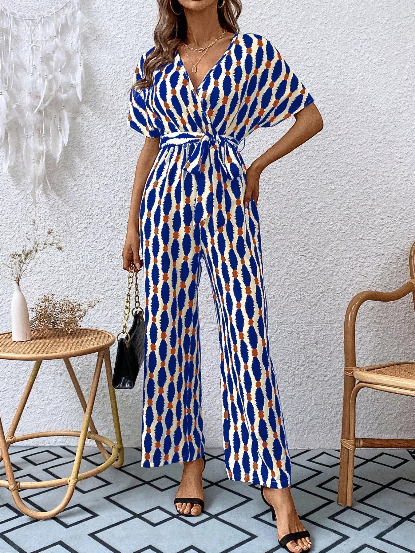 Printed Surplice Tie Waist Short Sleeve Jumpsuit OutfitFlow