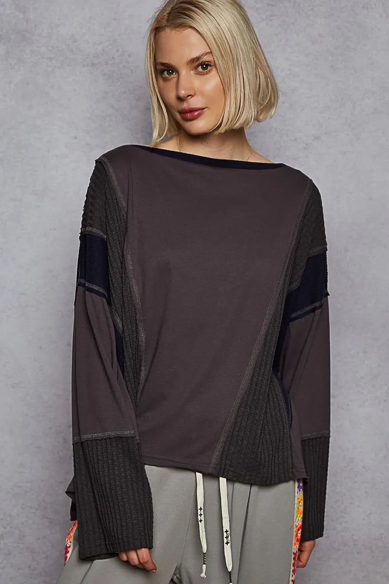 POL Contrast Round Neck Long Sleeve T-Shirt Dark Gray OutfitFlow