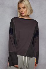 POL Contrast Round Neck Long Sleeve T-Shirt Dark Gray OutfitFlow