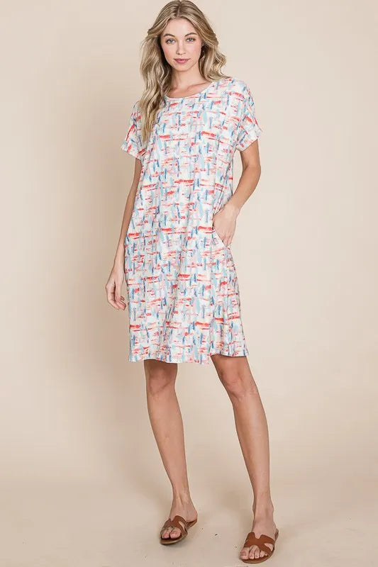 BOMBOM Printed Round Neck Short Sleeve Tee Dress OutfitFlow