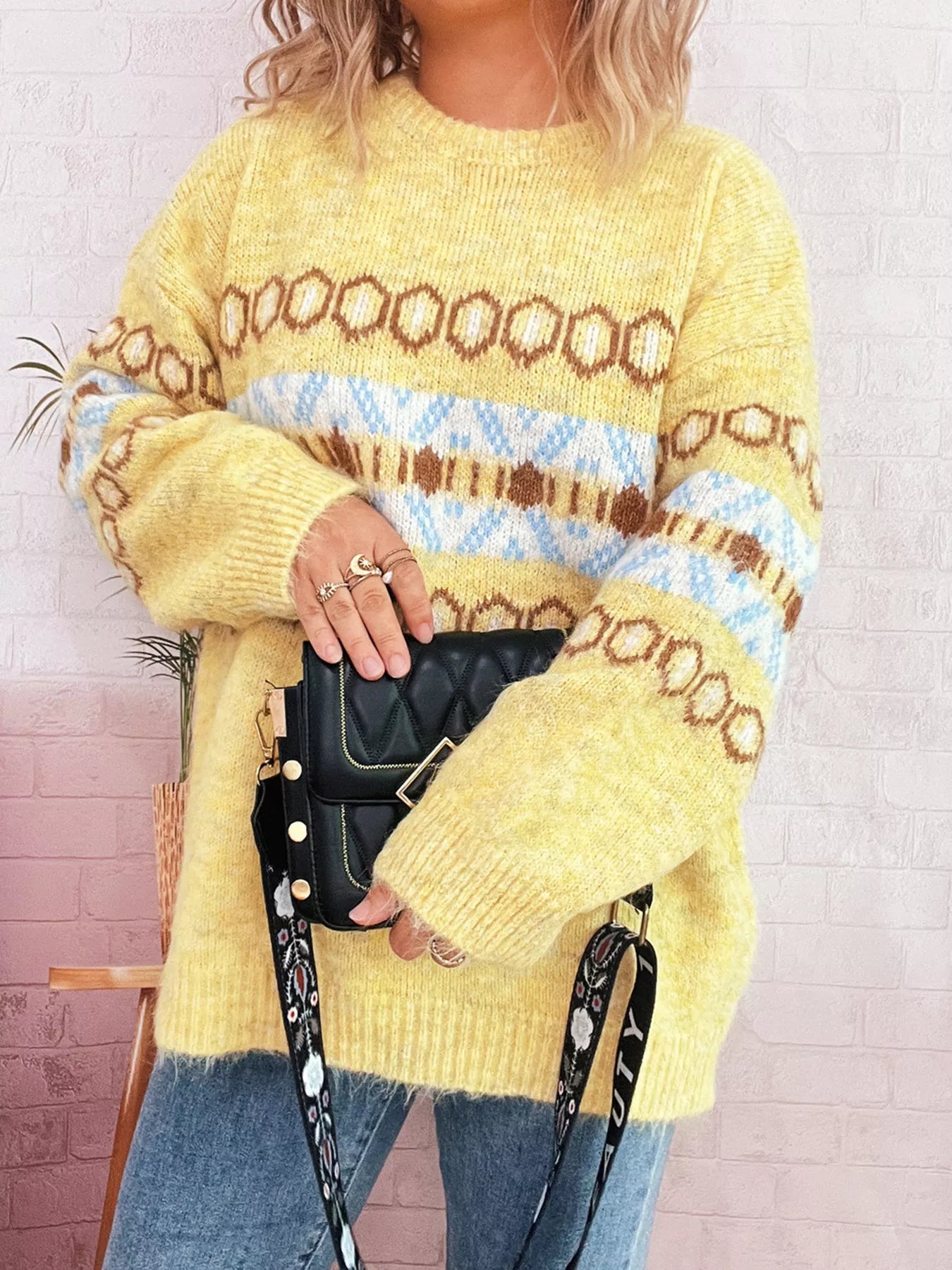 Contrast Round Neck Drop Shoulder Sweater OutfitFlow