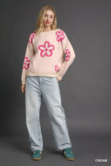 Umgee Round Neck Sweater with Pink Floral Accents OutfitFlow