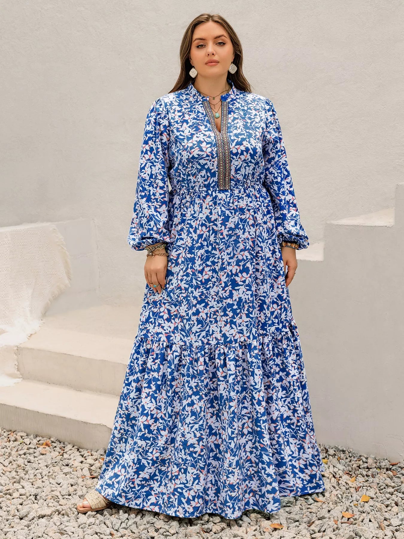 Plus Size Floral Print Bohemian Maxi Dress OutfitFlow