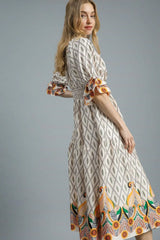 Umgee Printed Smocked Waist Flounce Sleeve Midi Dress OutfitFlow