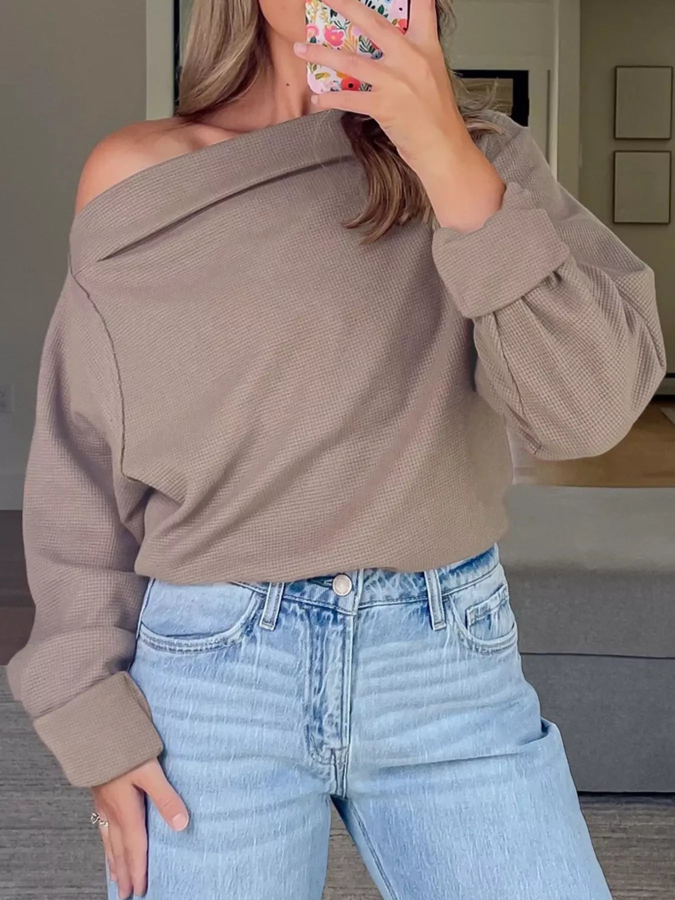 One Shoulder Long Sleeve Top Mocha Trendsi