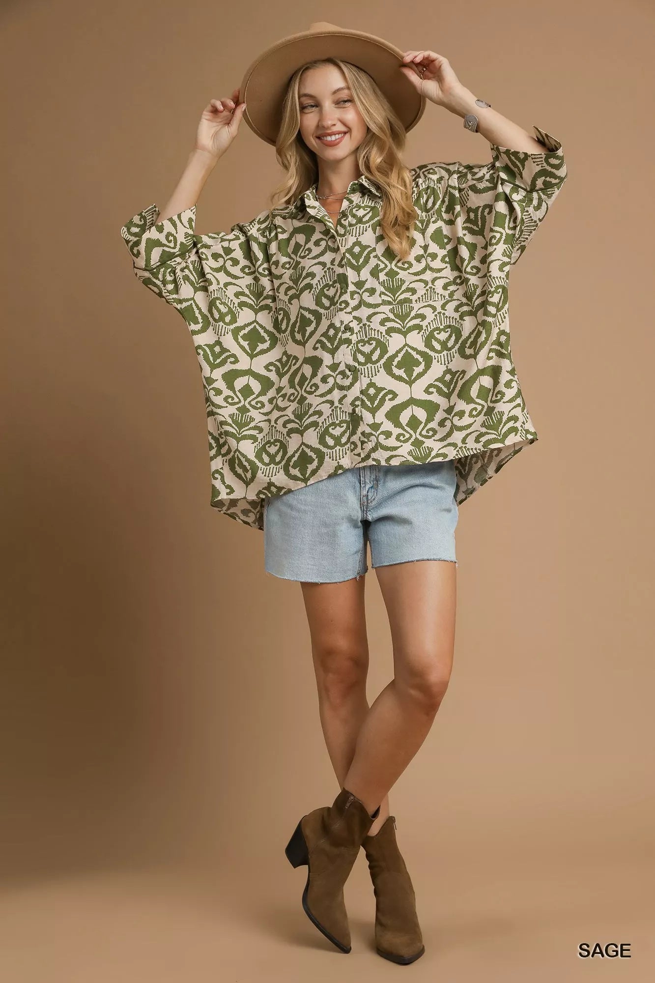 Umgee Abstract Print Button-Up Oversized Shirt OutfitFlow