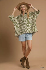 Umgee Abstract Print Button-Up Oversized Shirt OutfitFlow