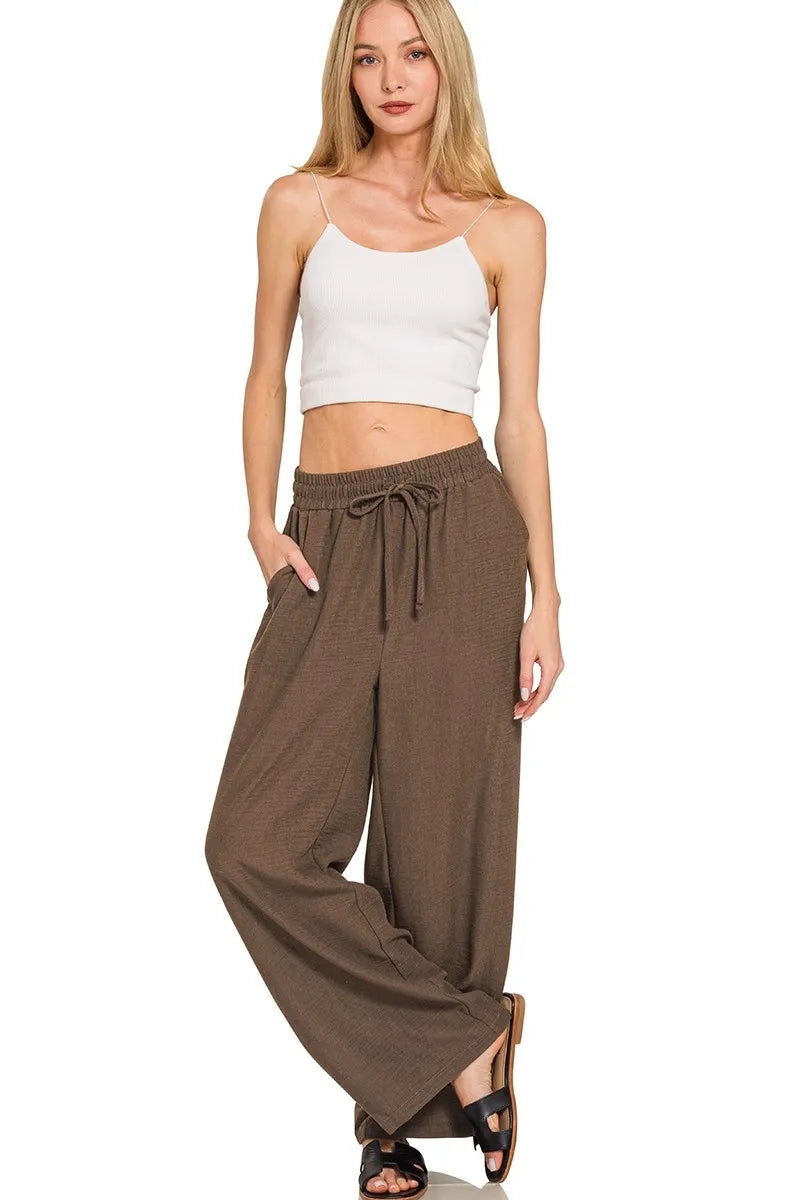 Zenana Woven Crepe Elastic Band Pants Trendsi