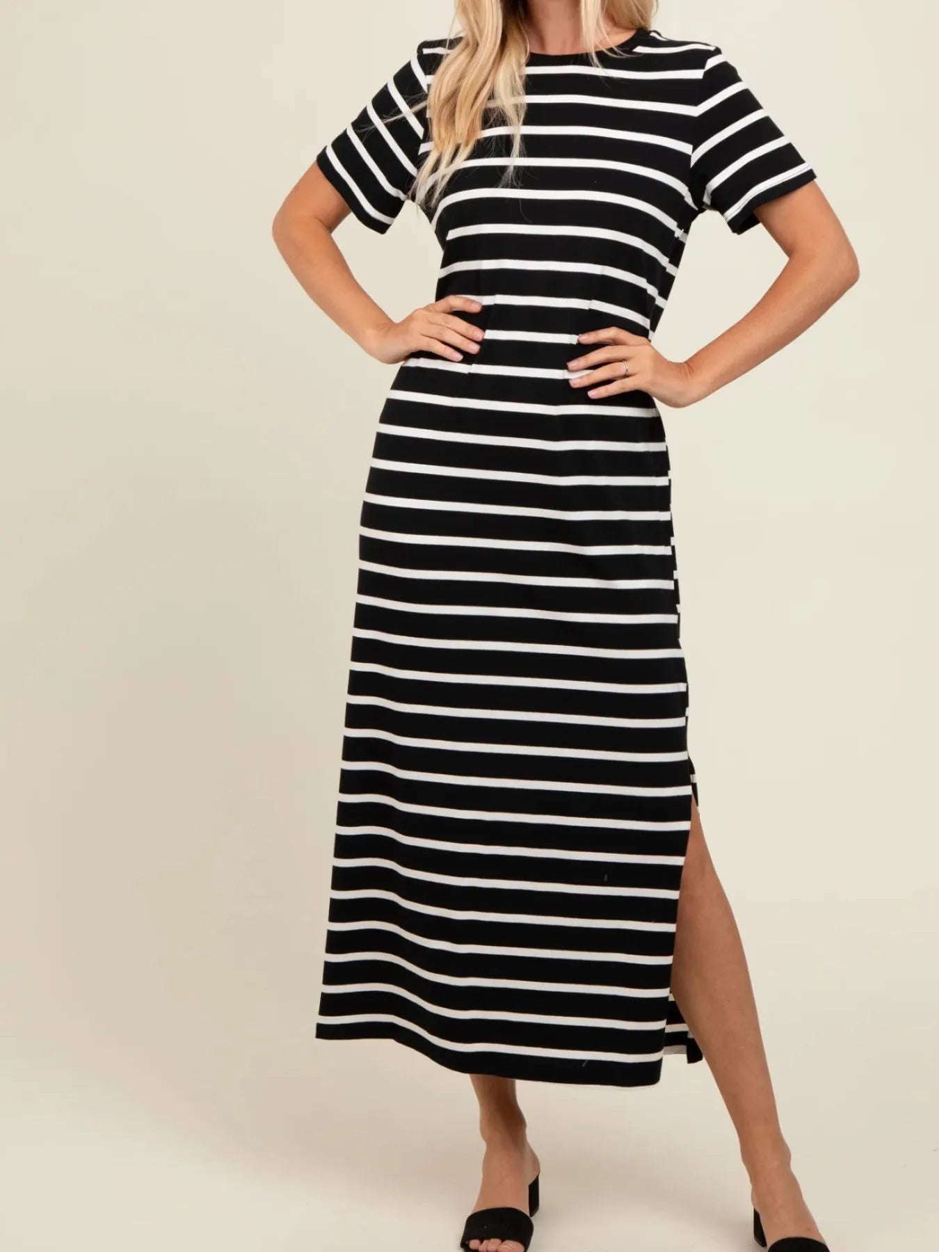 Full Size Striped T-Shirt Maxi Dress with Side Slit Plus Size OutfitFlow