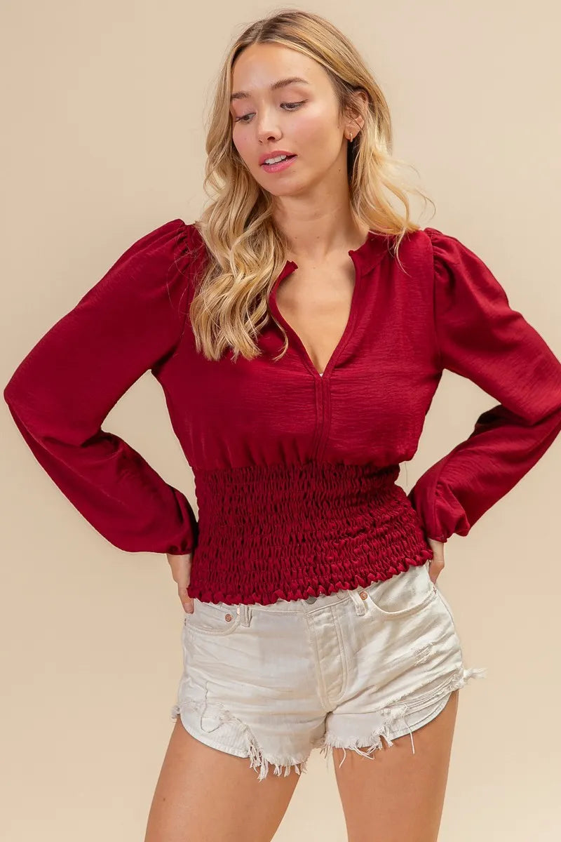 BiBi Smoking Waist Band and Puff Sleeves Deep V Neck Top OutfitFlow