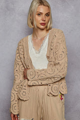 POL Button Down V-Neck Crochet Cardigan OutfitFlow
