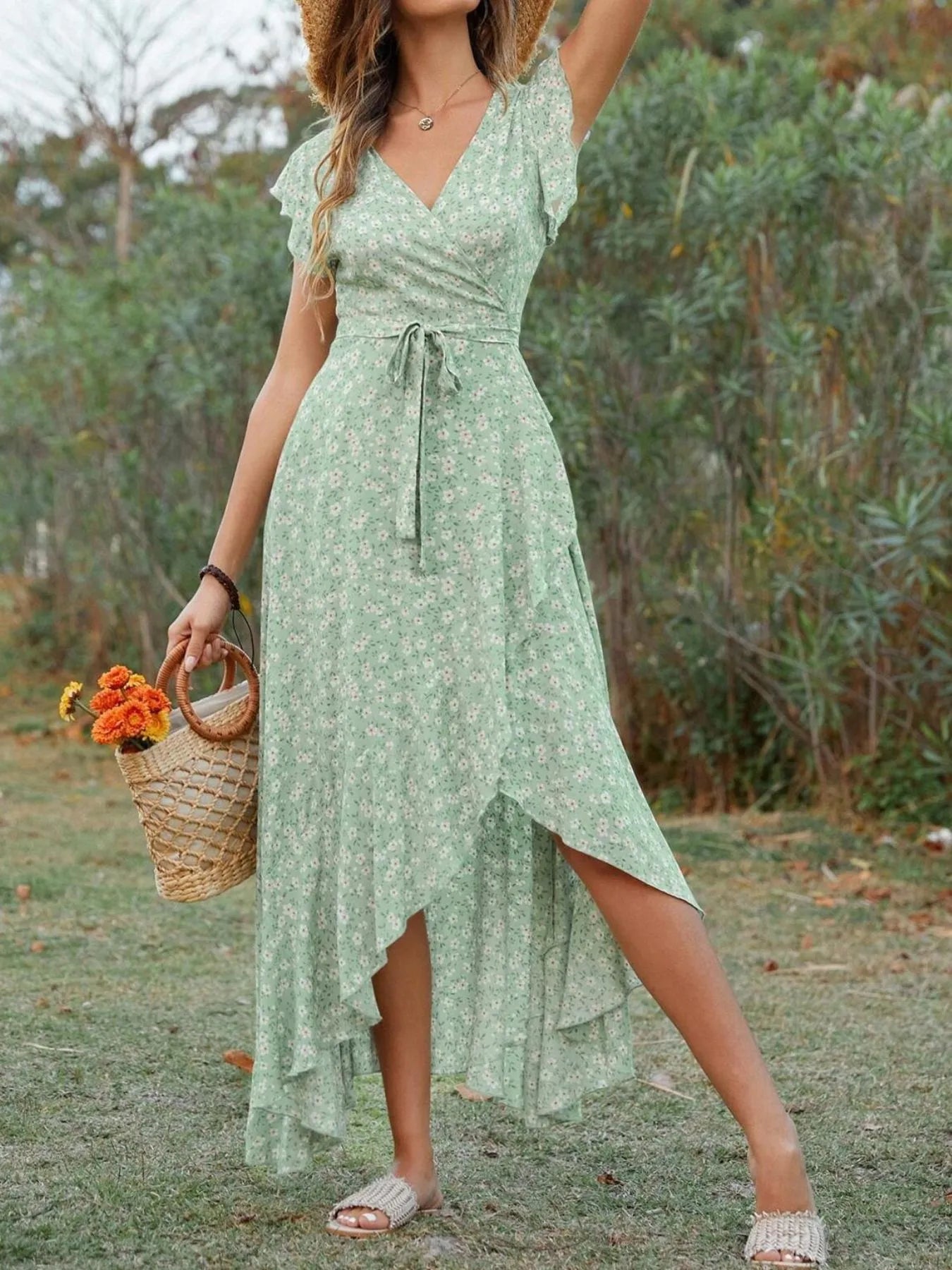 Printed Surplice Ruffle Sleeve Dress OutfitFlow