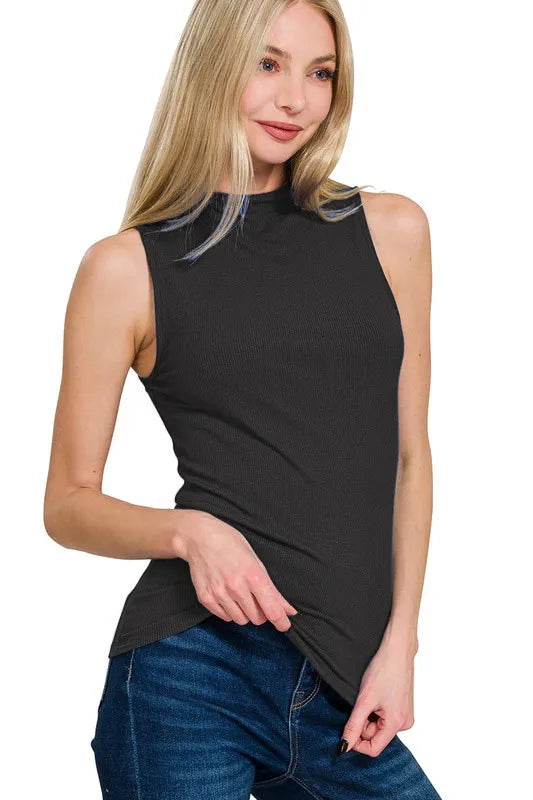 Zenana Ribbed Sleeveless Mock Neck Top OutfitFlow