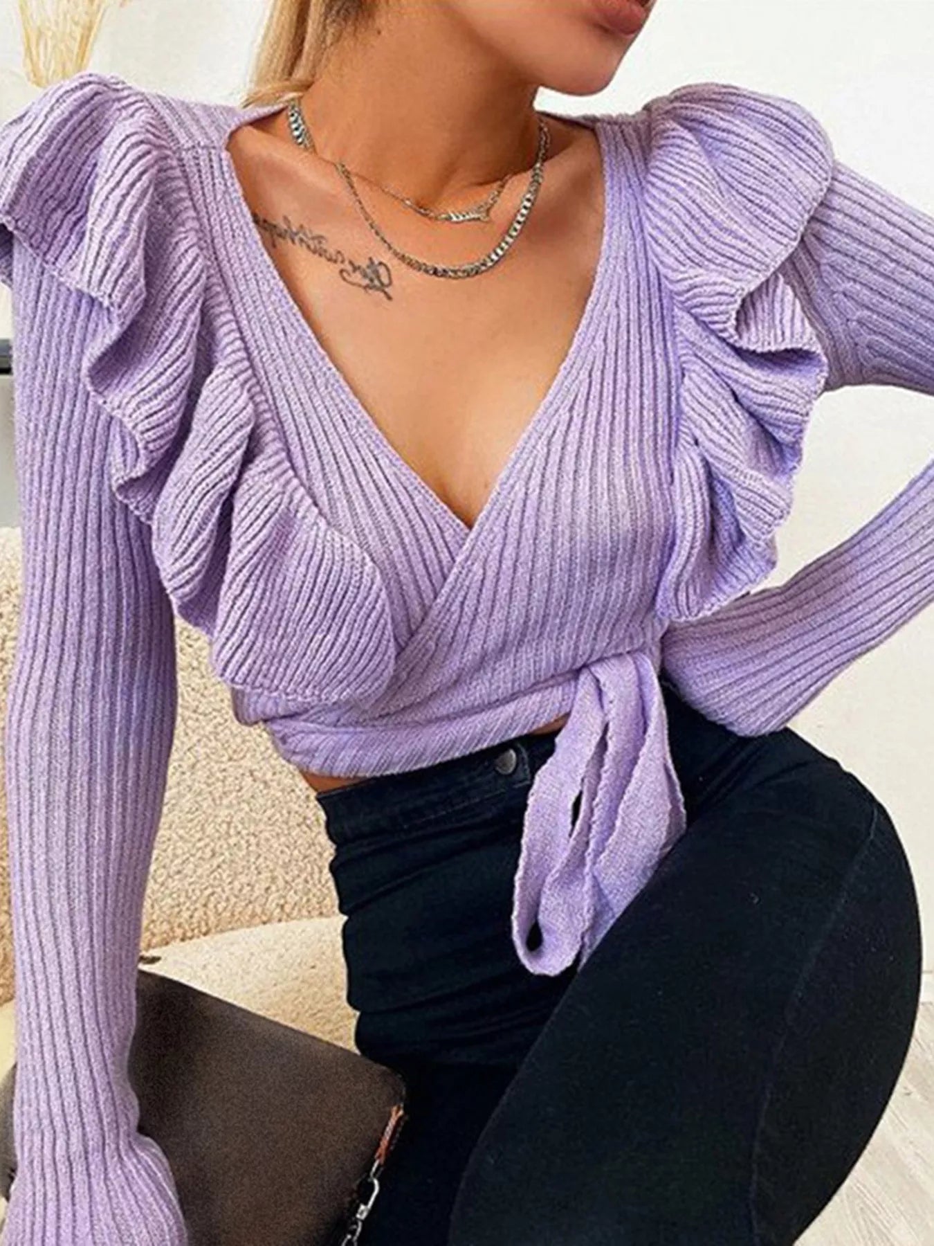 Ruffled Surplice Long Sleeve Knit Top Purple OutfitFlow