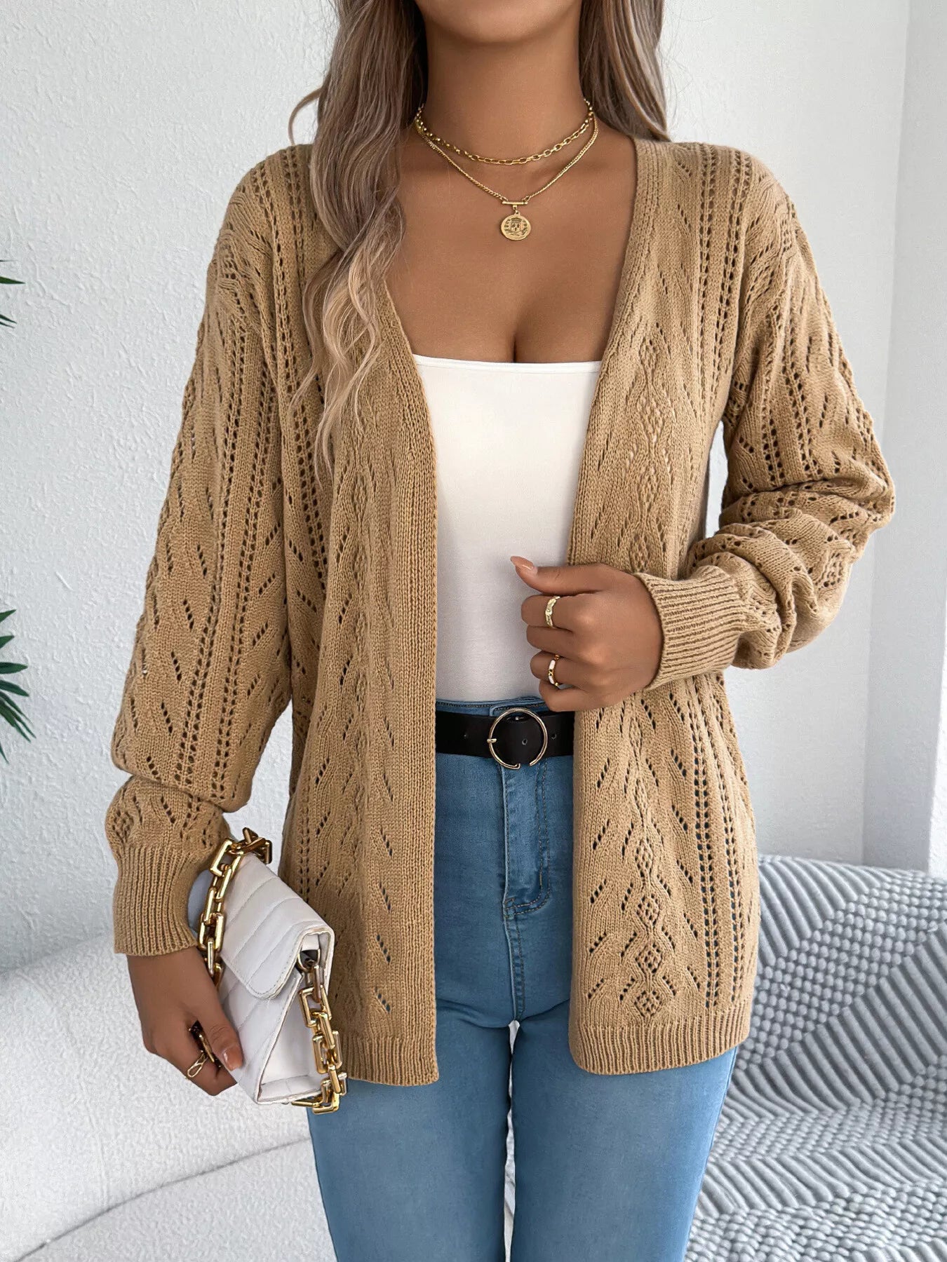 Openwork Open Front Cardigan OutfitFlow