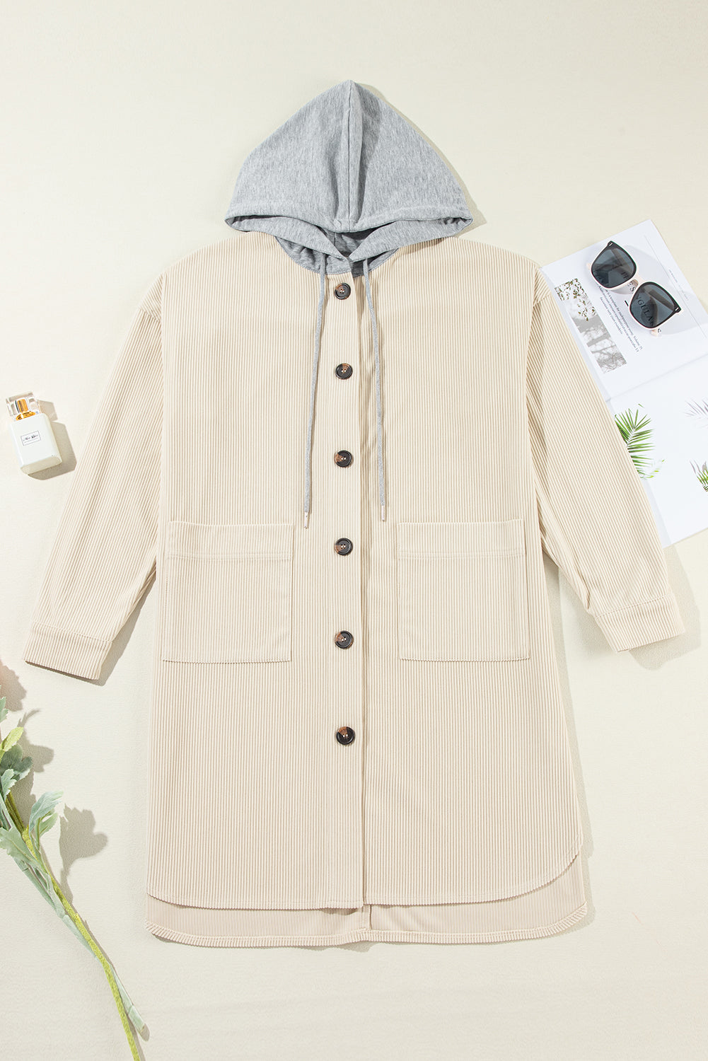 Outfit Flow - Drawstring Button Up Long Sleeve Hooded Jacket