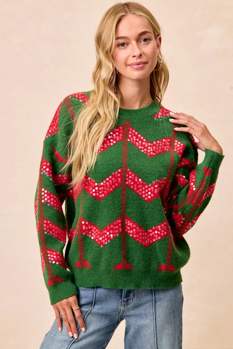 BiBi Christmas Theme Chevron Sequins Detail Sweater HUNTER RED OutfitFlow