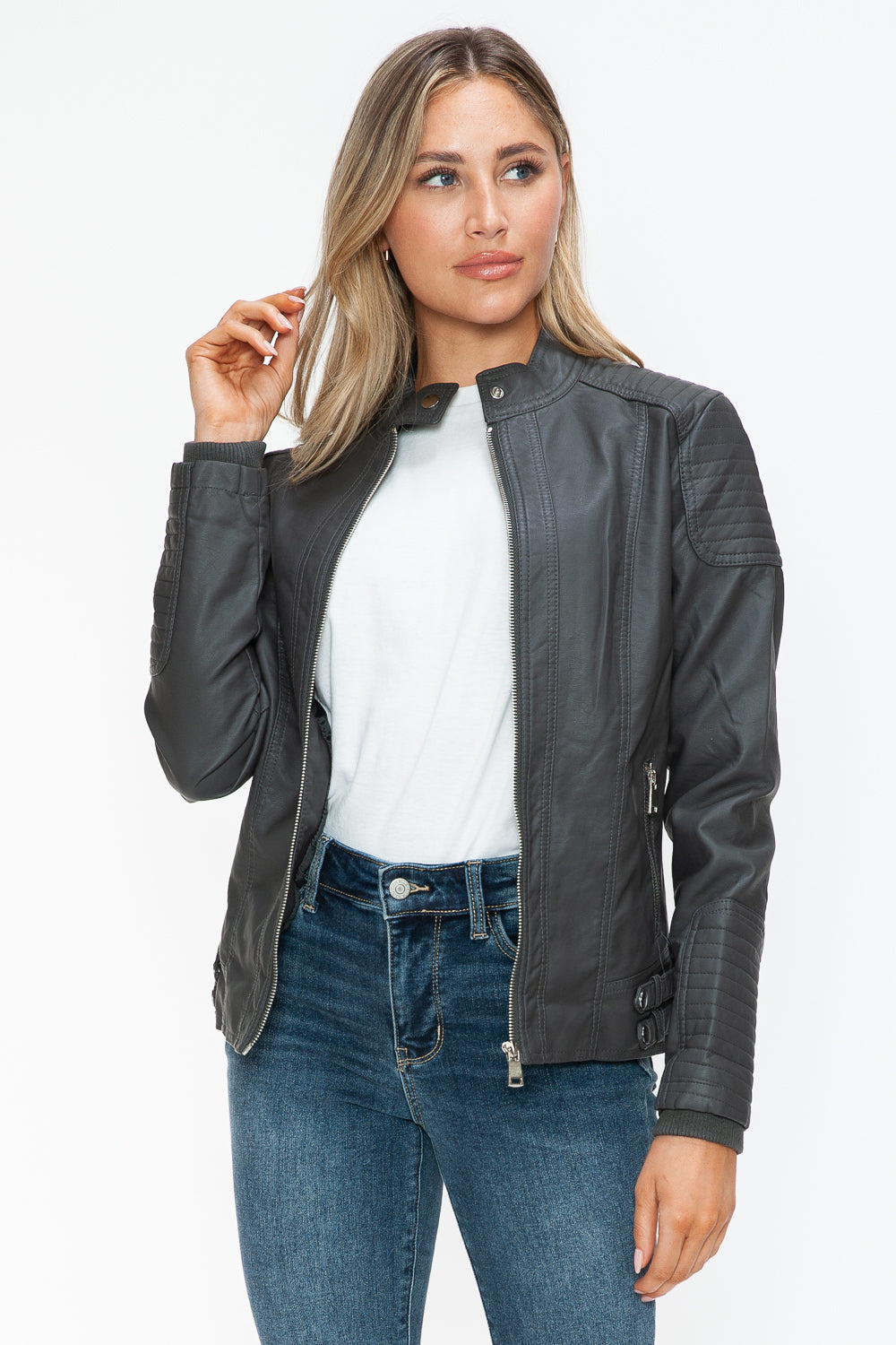 Outfit Flow - Snobbish Faux Leather Biker Jacket with Side Zip Pockets