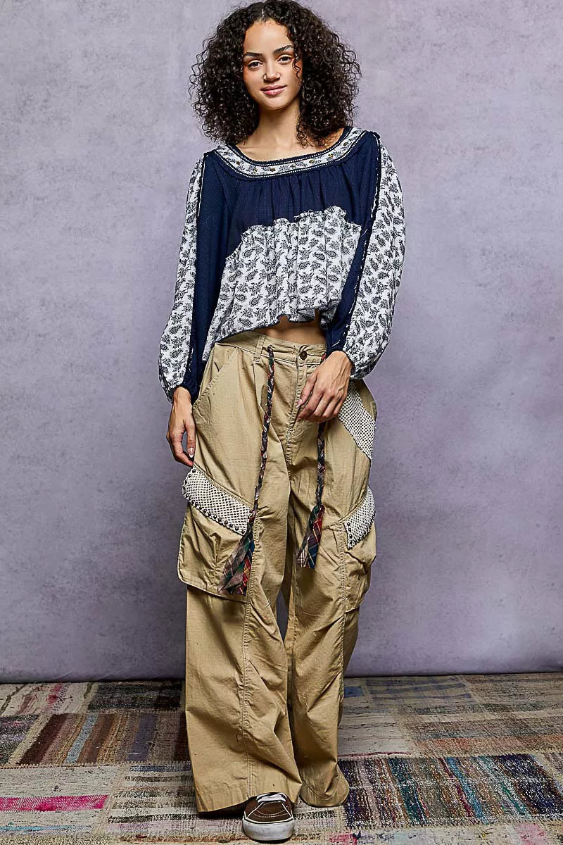 POL Paisley Scoop Neck Balloon Sleeve Cropped Blouse with Stud Detail OutfitFlow