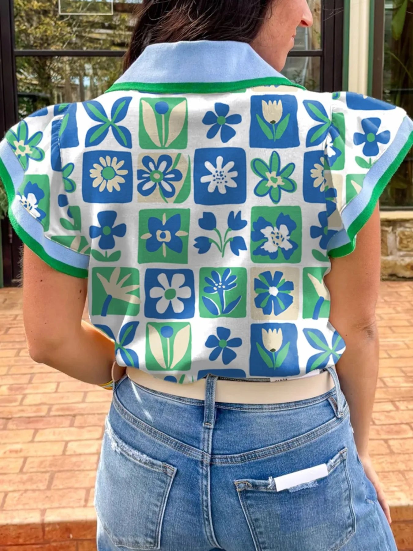 Floral Print Collared Blouse with Flutter Sleeves OutfitFlow