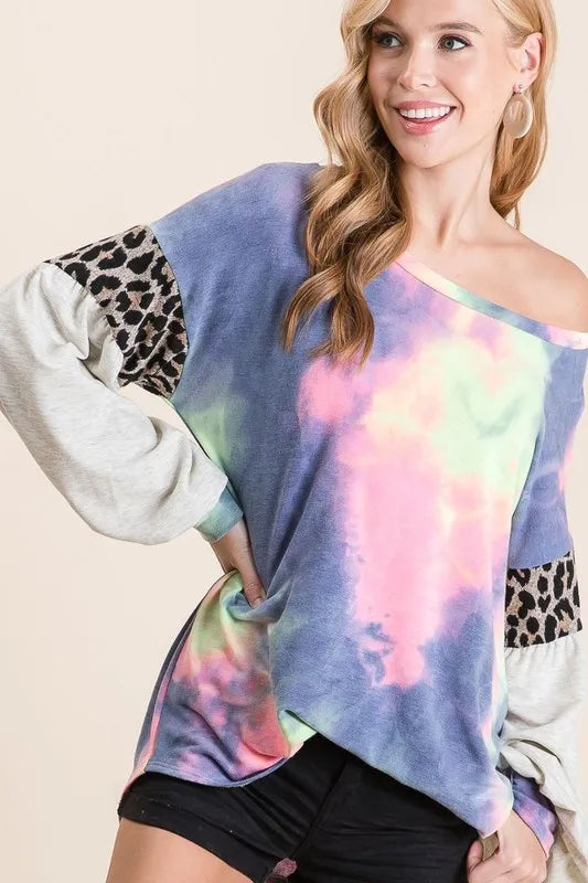 BiBi Tie Dye Terry Top with Contrast Puff Sleeves OutfitFlow