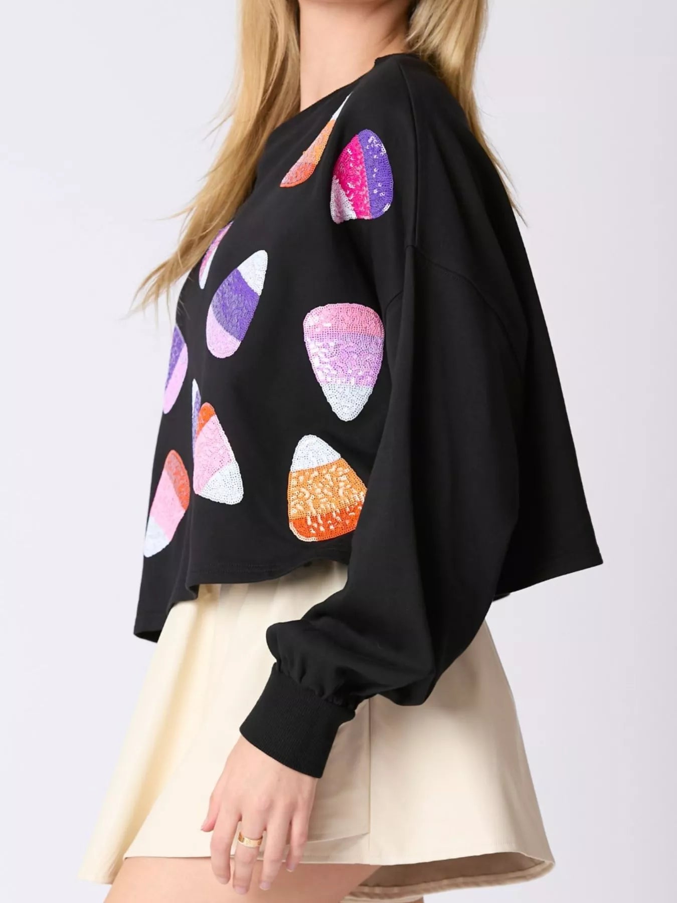 Halloween Candy Sequin Long-Sleeve Sweatshirt OutfitFlow
