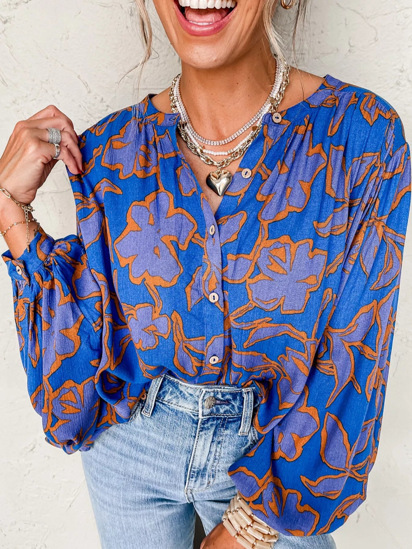 Floral Print Batwing Sleeve Buttoned Loose Fit Shirt OutfitFlow