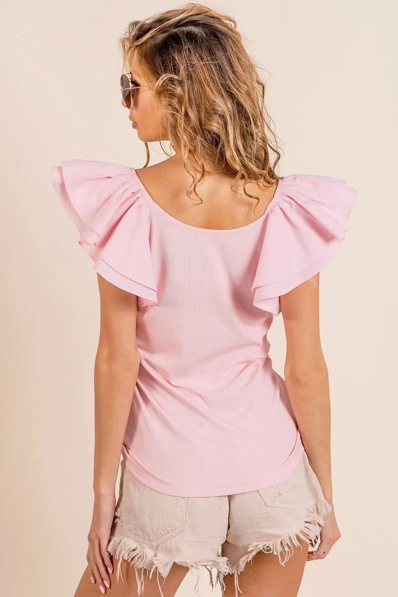 BiBi Wide Layered Ruffle Sleeve Scoop Neck Ribbed Top OutfitFlow