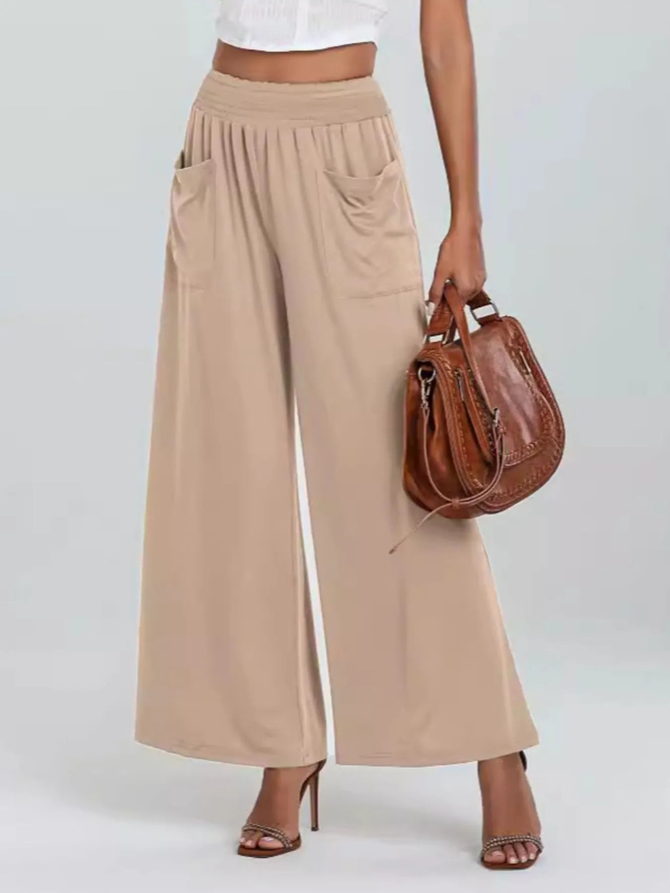 High-Waisted Wide Leg Pants with Pockets Apricot OutfitFlow