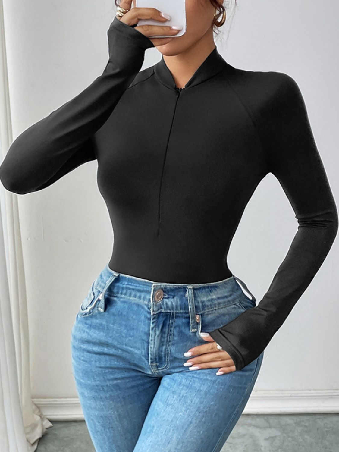 Outfit Flow - Perfee Half Zip Long Sleeve Bodysuit