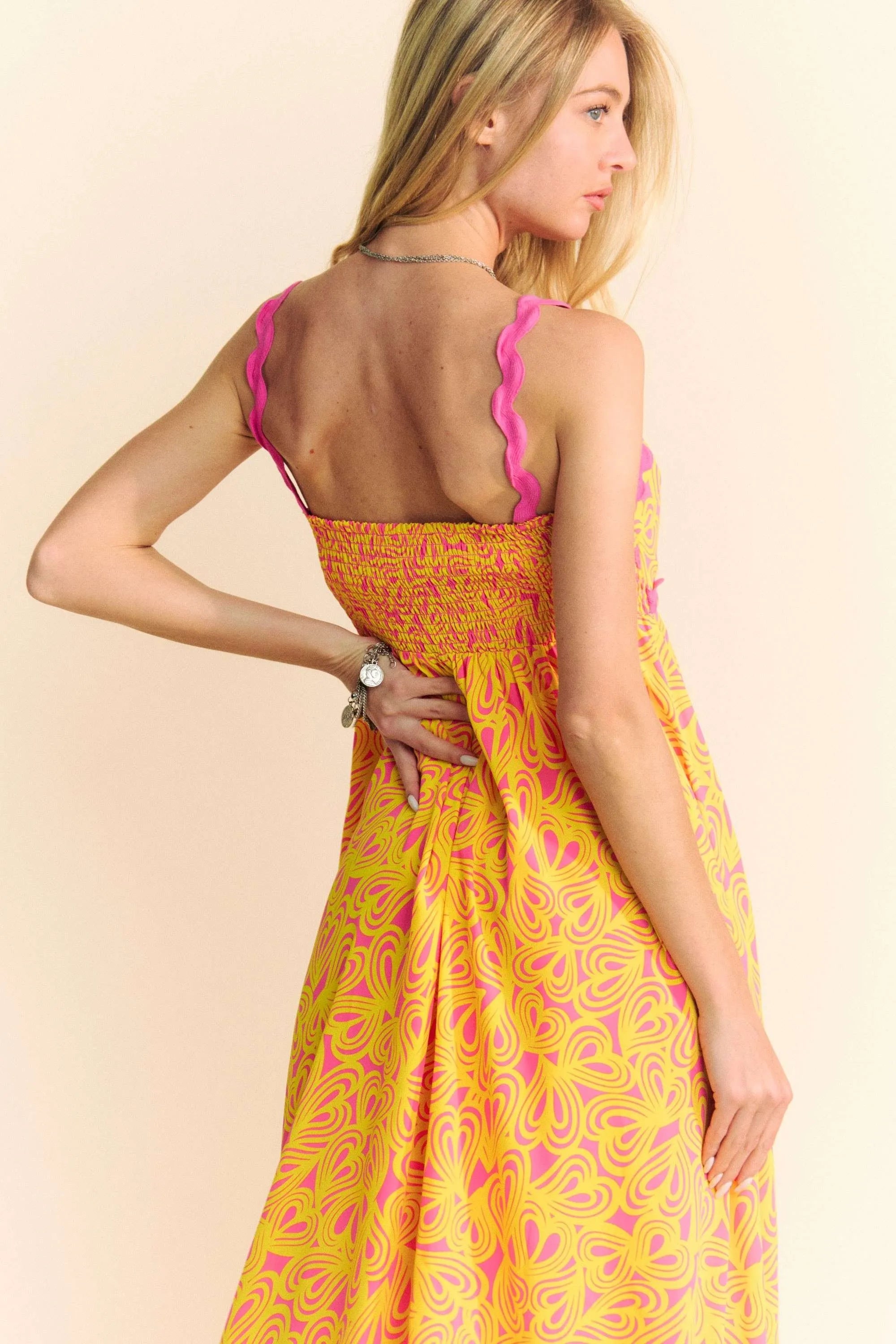 Davi & Dani Geo 2 Tone Printed Wavi Trim Tiered Maxi Dress OutfitFlow