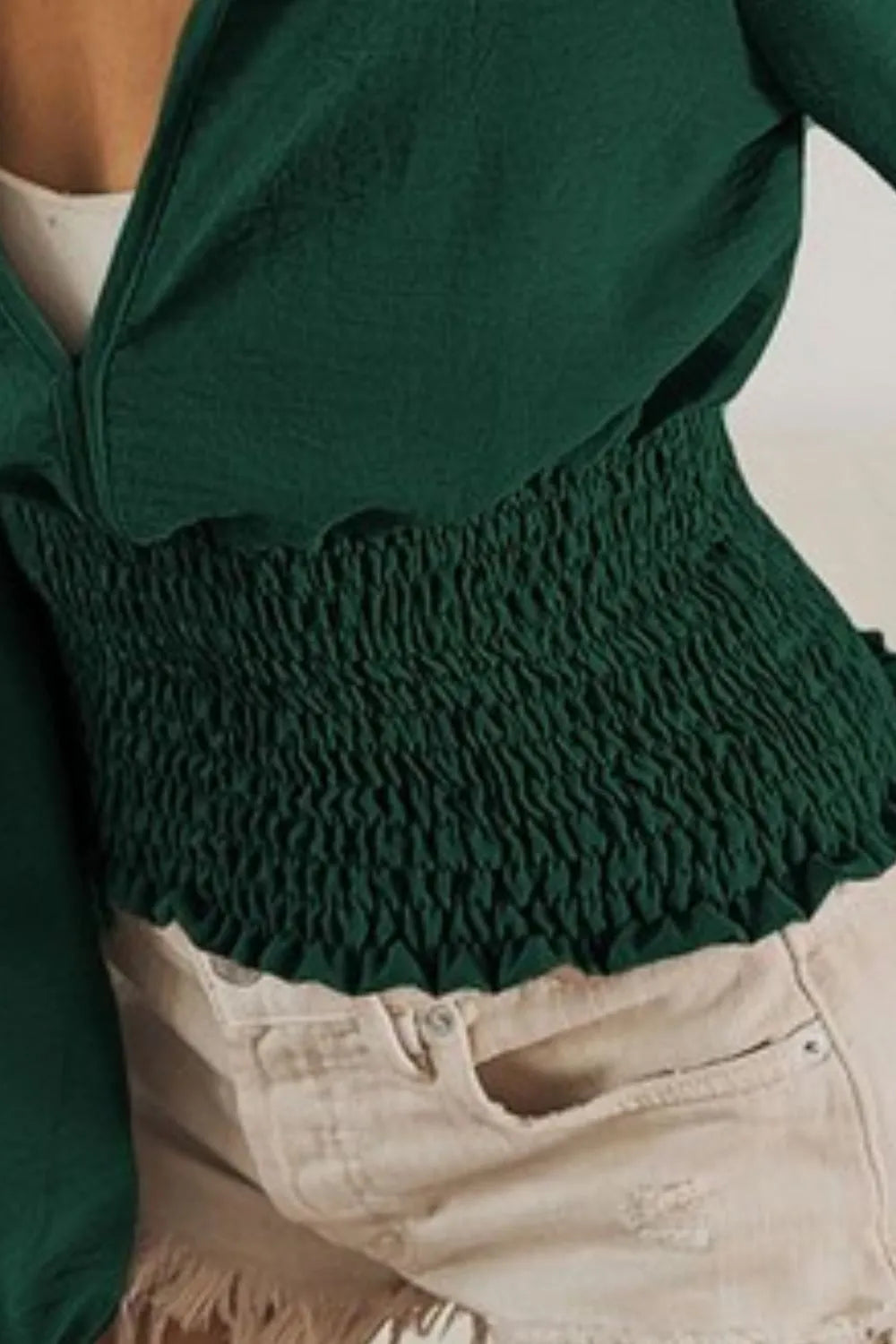 BiBi Smoking Waist Band and Puff Sleeves Deep V Neck Top OutfitFlow