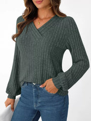Ribbed Knit V-Neck Long Sleeve T-Shirt OutfitFlow