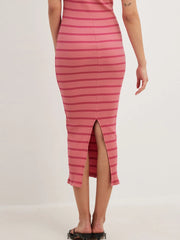 Slit Back Striped Strapless Bodycon Midi Dress OutfitFlow