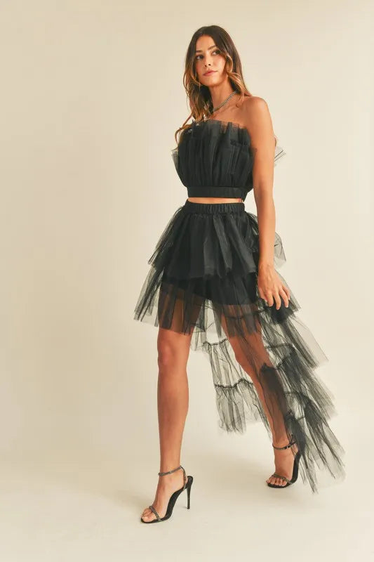 MABLE Tulle Tube Ruffle Crop Top and High Low Maxi Skirt Set OutfitFlow