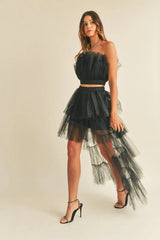 MABLE Tulle Tube Ruffle Crop Top and High Low Maxi Skirt Set OutfitFlow