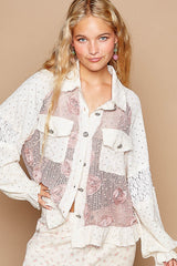 POL Eyelet Flower Pearl Detail Lace Patchwork Shirt