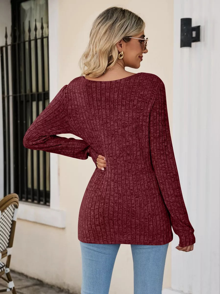 Ribbed Square Neck Long Sleeve T-Shirt Trendsi