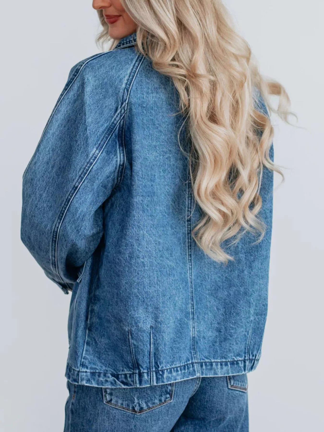 Button Up Raglan Sleeve Denim Jacket OutfitFlow