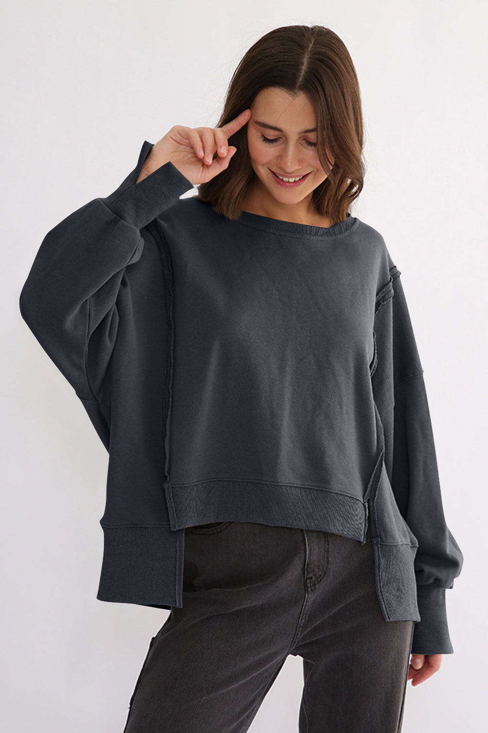 Outfit Flow - Exposed Seam High-Low Long Sleeve Sweatshirt