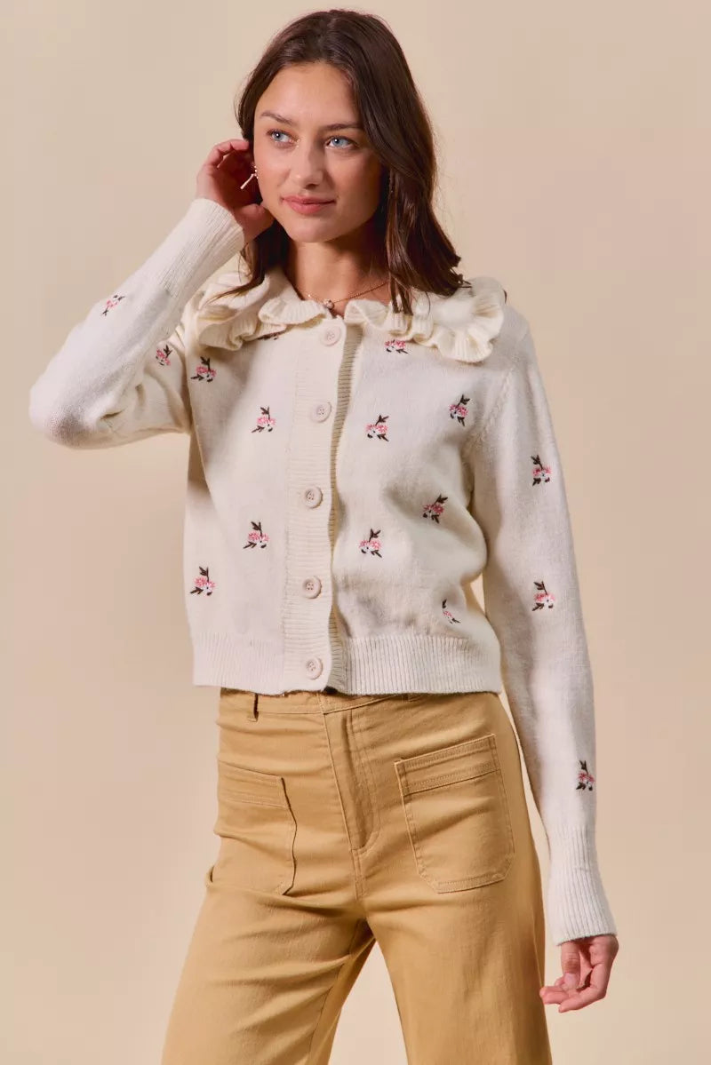SO ME Collared Floral Embroidered Button Down Sweater Cardigan OutfitFlow
