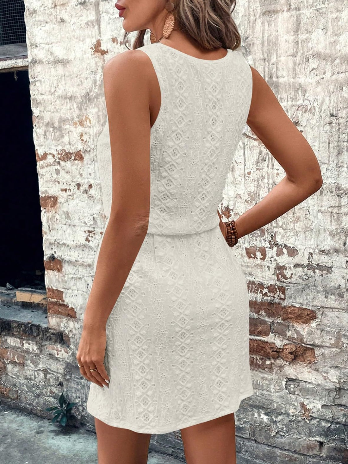 Eyelet Drawstring Round Neck Sleeveless Dress OutfitFlow
